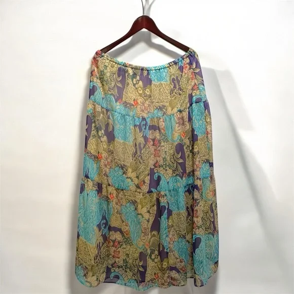 Coldwater Creek Blue, Green, and Teal Bohemian Print Tiered Maxi Skirt Sz Large - Picture 3 of 8